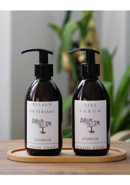 3lü Set Beyaz Etiket Boş Amber Cam Şişe Bulaşık Deterjanlık Sıvı Sabunluk 2X250ML Ahşap Altlık