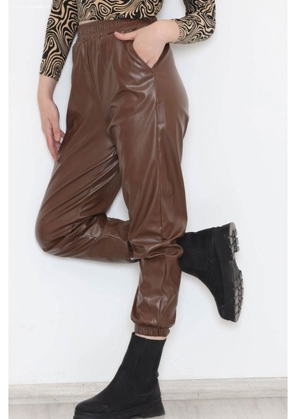 Paça Lastikli Deri Pantolon Kahve