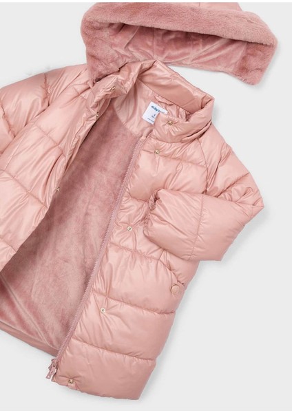 Kız Çocuk Kürk Süslemeli Kapüşonlu Uzun Mont 4447 Pembe modelleri
