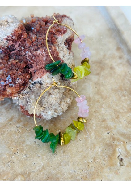 Pembe Kuvar,olivin,yeşim Doğaltaş Çelik Küpe