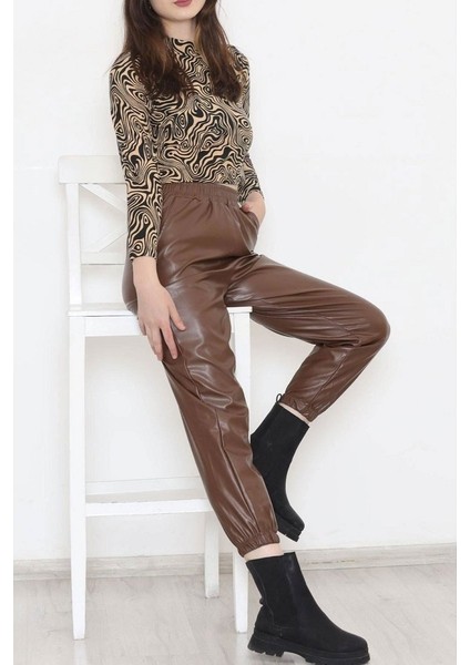 Paça Lastikli Deri Pantolon Kahve modelleri