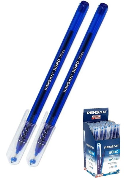 Mavi Tükenmez Kalem 1.0mm 2 Adet Pensan Büro Tipi Ballpoint Büro Plastik Kapaklı Tükenmez Kalem