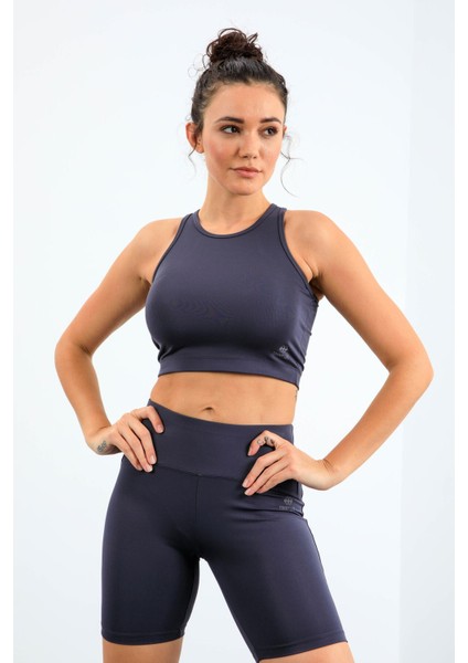 Antrasit Yüksek Bel Toparlayıcı Dar Kalıp Crop Biker Kadın Tayt Takım - 95302