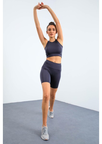 Antrasit Yüksek Bel Toparlayıcı Dar Kalıp Crop Biker Kadın Tayt Takım - 95302