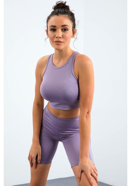 Eflatun Yüksek Bel Toparlayıcı Dar Kalıp Crop Biker Kadın Tayt Takım - 95302