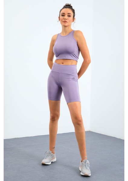 Eflatun Yüksek Bel Toparlayıcı Dar Kalıp Crop Biker Kadın Tayt Takım - 95302