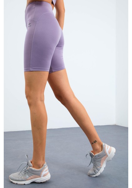 Eflatun Yüksek Bel Toparlayıcı Dar Kalıp Crop Biker Kadın Tayt Takım - 95302