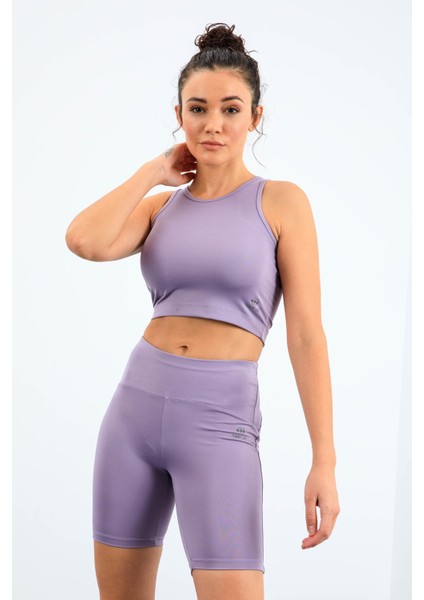 Eflatun Yüksek Bel Toparlayıcı Dar Kalıp Crop Biker Kadın Tayt Takım - 95302