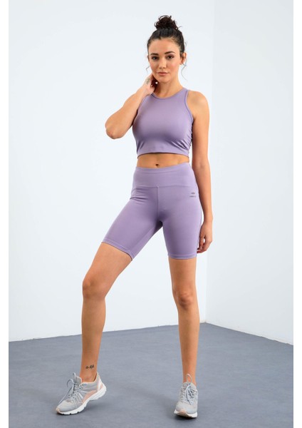 Eflatun Yüksek Bel Toparlayıcı Dar Kalıp Crop Biker Kadın Tayt Takım - 95302