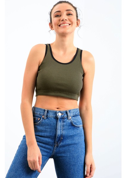 Haki Basic Sıfır Kol Dar Kalıp U Yaka Kadın Crop Top Atlet - 97160