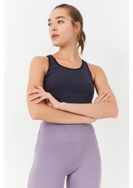 Antrasit Basic Sıfır Kol Dar Kalıp U Yaka Kadın Crop Top Atlet - 97162