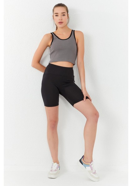 Gri Basic Sıfır Kol Dar Kalıp U Yaka Kadın Crop Top Atlet - 97162