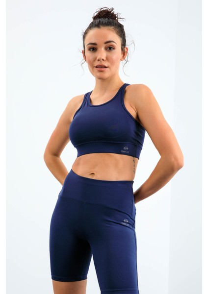 İndigo Yüksek Bel Toparlayıcı Slim Fit Büstiyer Biker Kadın Tayt Takım - 95303