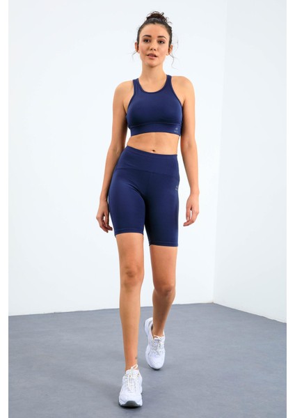 İndigo Yüksek Bel Toparlayıcı Slim Fit Büstiyer Biker Kadın Tayt Takım - 95303