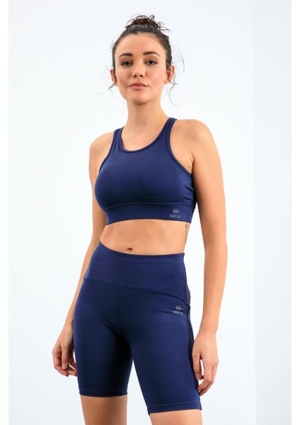 İndigo Yüksek Bel Toparlayıcı Slim Fit Büstiyer Biker Kadın Tayt Takım - 95303