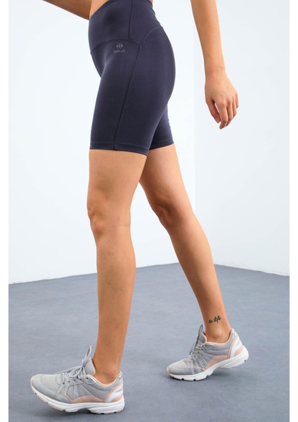 Antrasit Yüksek Bel Toparlayıcı Dar Kalıp Crop Biker Kadın Tayt Takım - 95302