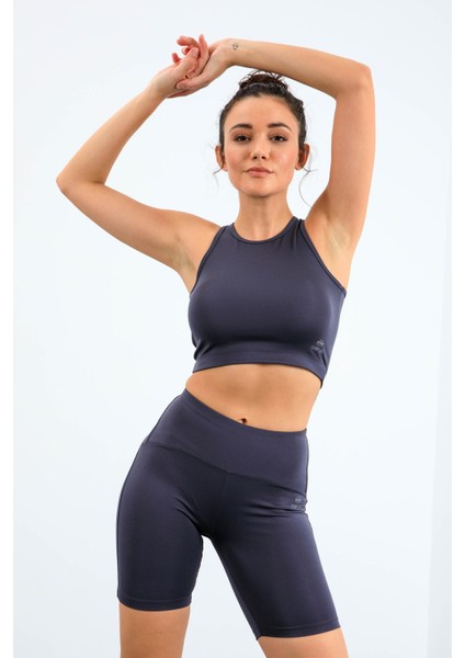 Antrasit Yüksek Bel Toparlayıcı Dar Kalıp Crop Biker Kadın Tayt Takım - 95302