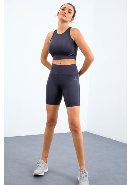 Antrasit Yüksek Bel Toparlayıcı Dar Kalıp Crop Biker Kadın Tayt Takım - 95302