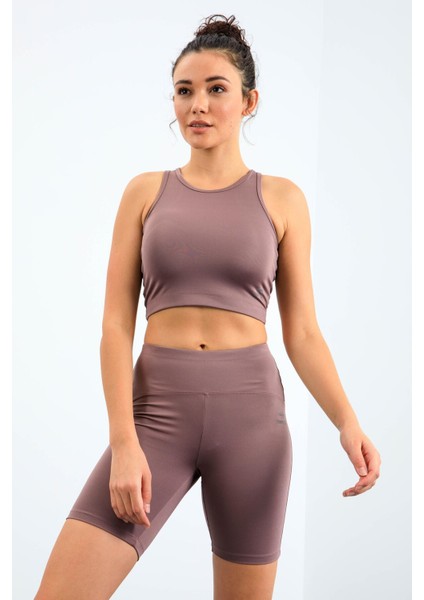 Gül Kurusu Yüksek Bel Toparlayıcı Dar Kalıp Crop Biker Kadın Tayt Takım - 95302