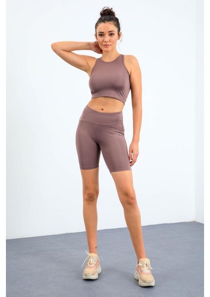 Gül Kurusu Yüksek Bel Toparlayıcı Dar Kalıp Crop Biker Kadın Tayt Takım - 95302