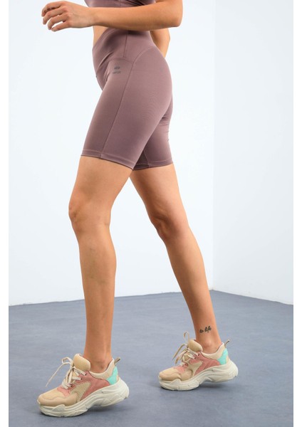 Gül Kurusu Yüksek Bel Toparlayıcı Dar Kalıp Crop Biker Kadın Tayt Takım - 95302