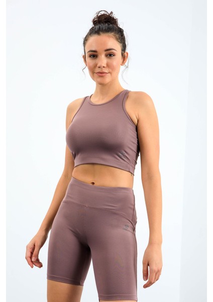 Gül Kurusu Yüksek Bel Toparlayıcı Dar Kalıp Crop Biker Kadın Tayt Takım - 95302