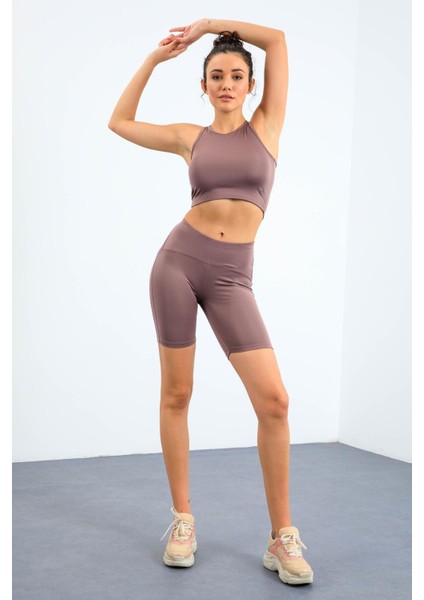 Gül Kurusu Yüksek Bel Toparlayıcı Dar Kalıp Crop Biker Kadın Tayt Takım - 95302