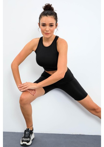 Siyah Yüksek Bel Toparlayıcı Dar Kalıp Crop Biker Kadın Tayt Takım - 95302