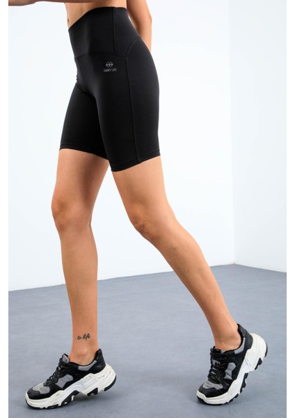 Siyah Yüksek Bel Toparlayıcı Dar Kalıp Crop Biker Kadın Tayt Takım - 95302