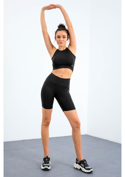 Siyah Yüksek Bel Toparlayıcı Dar Kalıp Crop Biker Kadın Tayt Takım - 95302