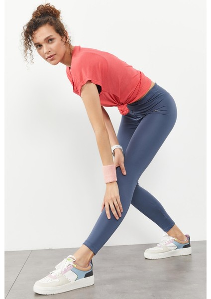 Petrol Yüksek Bel Streç Slim Fit Dar Paça Kadın Tayt - 94545