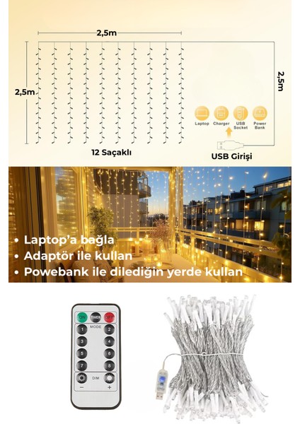 2,5 x 2,5 M Kumandalı Perde LED 8 Modlu Kalın Kablolu 12 Saçak 180 LED Dekoratif Aydinlatma Parti organizasyon indirimleri
