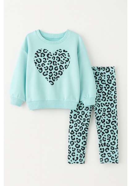 Kız Çocuk Çiçek - Leopar Detaylı 3 Iplik Alt Üst Takım Sweatshirt + Tayt