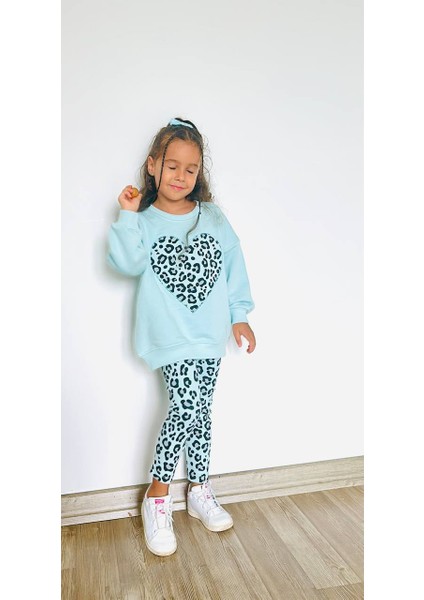 Kız Çocuk Çiçek - Leopar Detaylı 3 Iplik Alt Üst Takım Sweatshirt + Tayt fiyatları