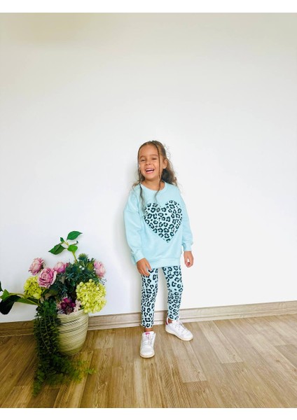 Kız Çocuk Çiçek - Leopar Detaylı 3 Iplik Alt Üst Takım Sweatshirt + Tayt modelleri