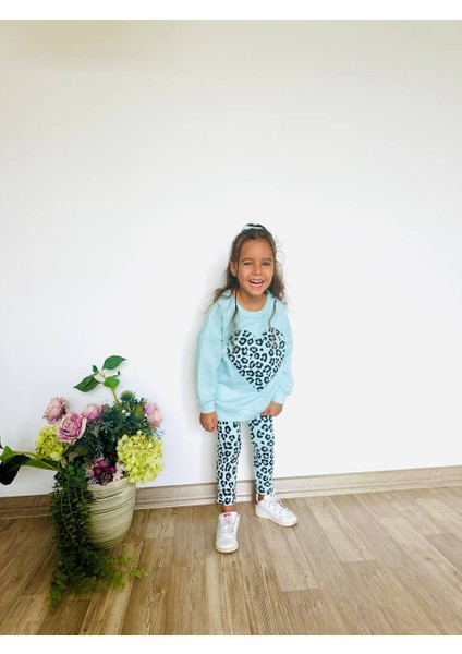 Kız Çocuk Çiçek - Leopar Detaylı 3 Iplik Alt Üst Takım Sweatshirt + Tayt fırsatları