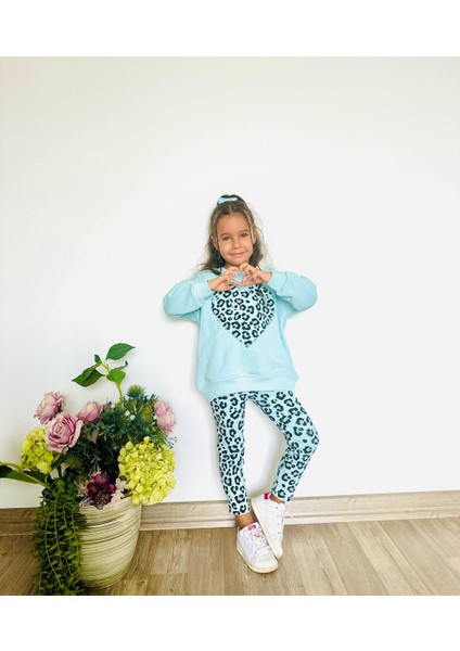 Kız Çocuk Çiçek - Leopar Detaylı 3 Iplik Alt Üst Takım Sweatshirt + Tayt