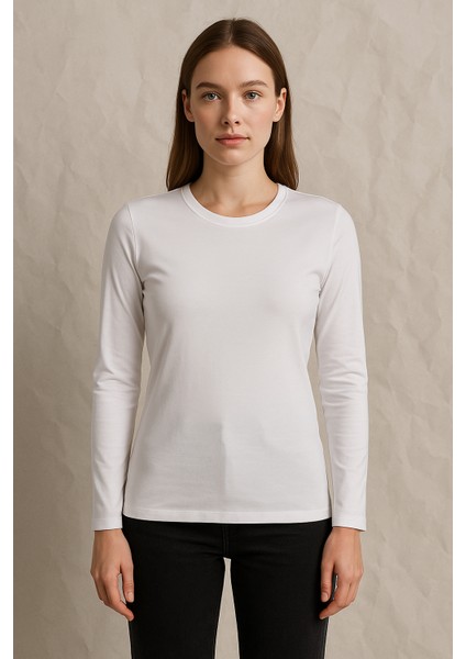 Clemantıs Kadın Organik Pamuk Likralı Uzun Kollu Basic Tişört Düz Renk