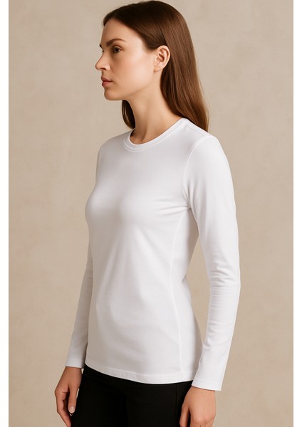 Clemantıs Kadın Organik Pamuk Likralı Uzun Kollu Basic Tişört Düz Renk modelleri