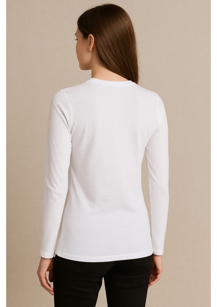 Clemantıs Kadın Organik Pamuk Likralı Uzun Kollu Basic Tişört Düz Renk fırsatları