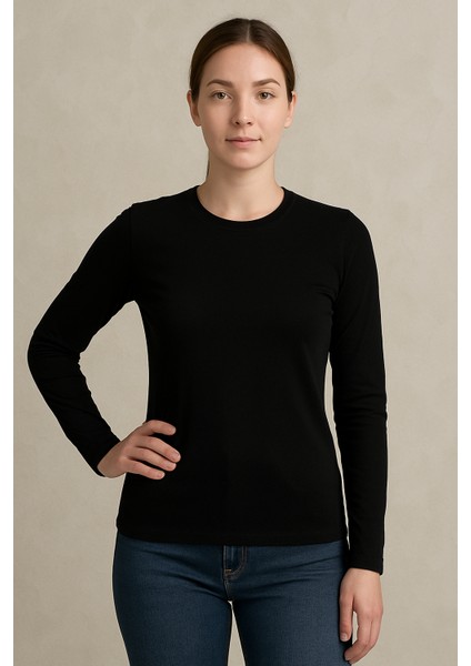 Clemantıs Kadın Organik Pamuk Likralı Uzun Kollu Basic Tişört Düz Renk