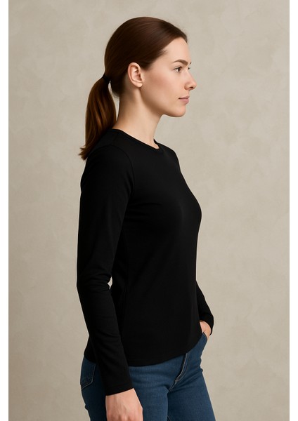 Clemantıs Kadın Organik Pamuk Likralı Uzun Kollu Basic Tişört Düz Renk modelleri