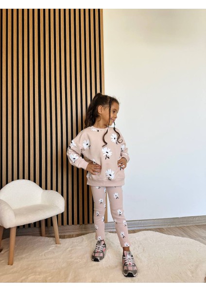 Kız Çocuk Çiçek - Leopar Detaylı 3 Iplik Alt Üst Takım Sweatshirt + Tayt