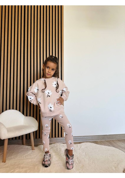 Kız Çocuk Çiçek - Leopar Detaylı 3 Iplik Alt Üst Takım Sweatshirt + Tayt fiyatları