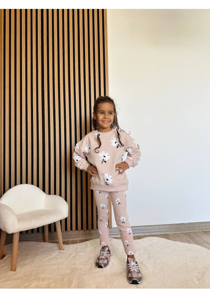 Kız Çocuk Çiçek - Leopar Detaylı 3 Iplik Alt Üst Takım Sweatshirt + Tayt modelleri