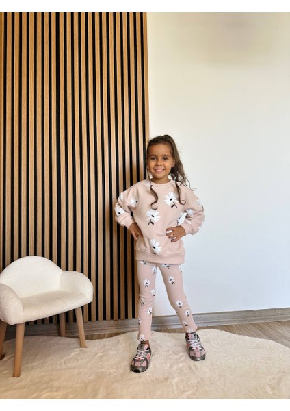 Kız Çocuk Çiçek - Leopar Detaylı 3 Iplik Alt Üst Takım Sweatshirt + Tayt fırsatları