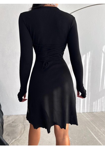 Kadın Siyah Kaşkorse Arkadan Bağlama Detaylı Elbise fiyatları