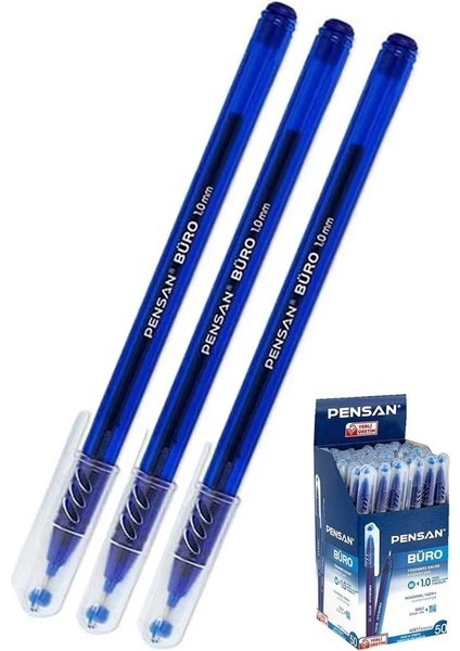 Mavi Tükenmez Kalem 1.0mm 3 Adet Pensan Büro Tipi Ballpoint Büro Plastik Kapaklı Tükenmez Kalem