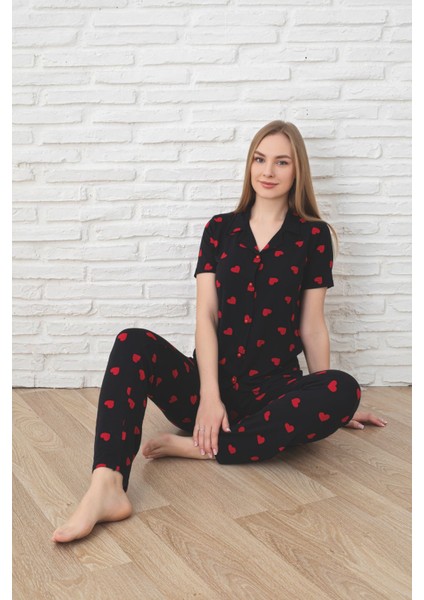 Siyah Kısa Mini Kalp Desenli Bayan Pijama Takımı
