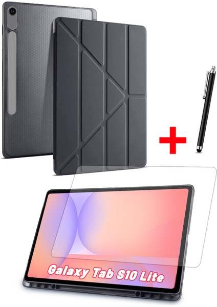 Samsung Galaxy Tab S10 Lite Uyumlu Trifolding Kalem Bölmeli Silikon Kılıf Ekran Koruyucu ve Kalem Set